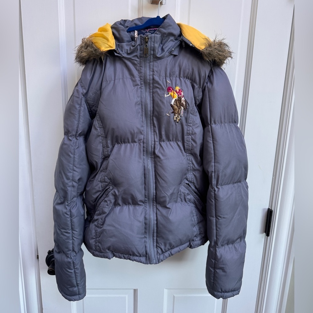 U.S. Polo Assn. Boys Girls Size Large (14/16) KidsGray Puffer Jacket Yellow Hood